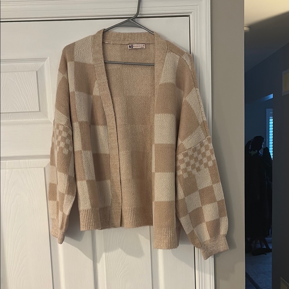 SO Tan and Cream Patchwork Cardigan with Balloon Sleeves